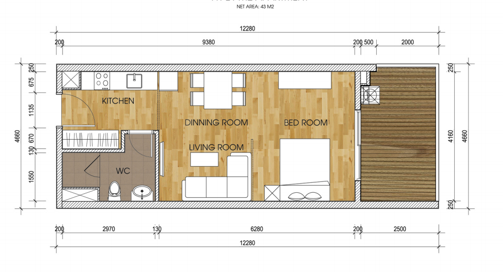 Thiết kế căn hộ 1 phòng ngủ, 43m2 chung cư The Two Residence Gamuda