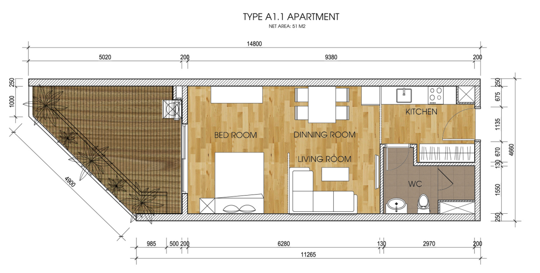 Thiết kế căn hộ 1 phòng ngủ, 51m2 chung cư The Two Residence Gamuda